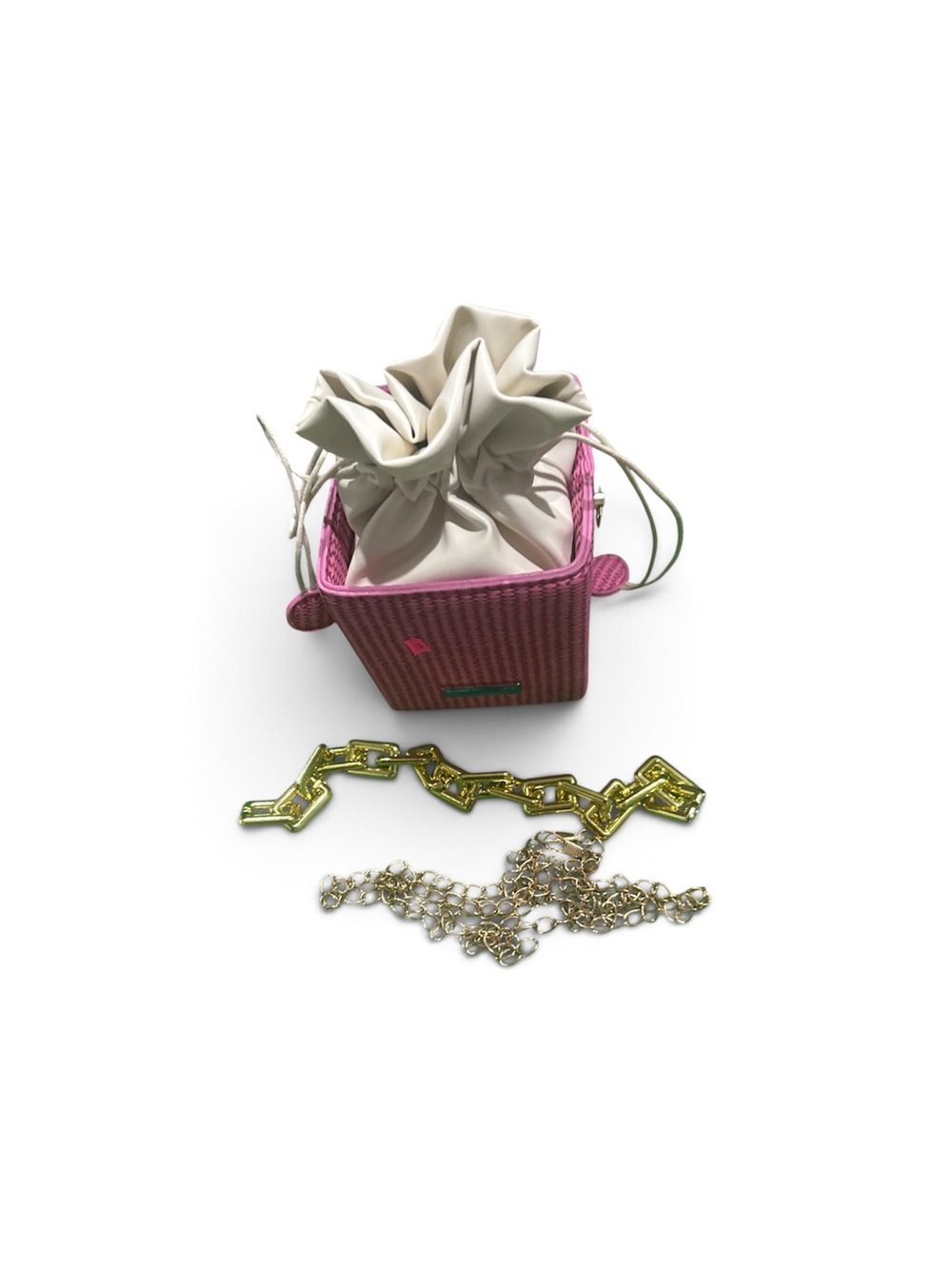 Pink Woven Mini Bucket Bag with Cream Drawstring and Gold Chain